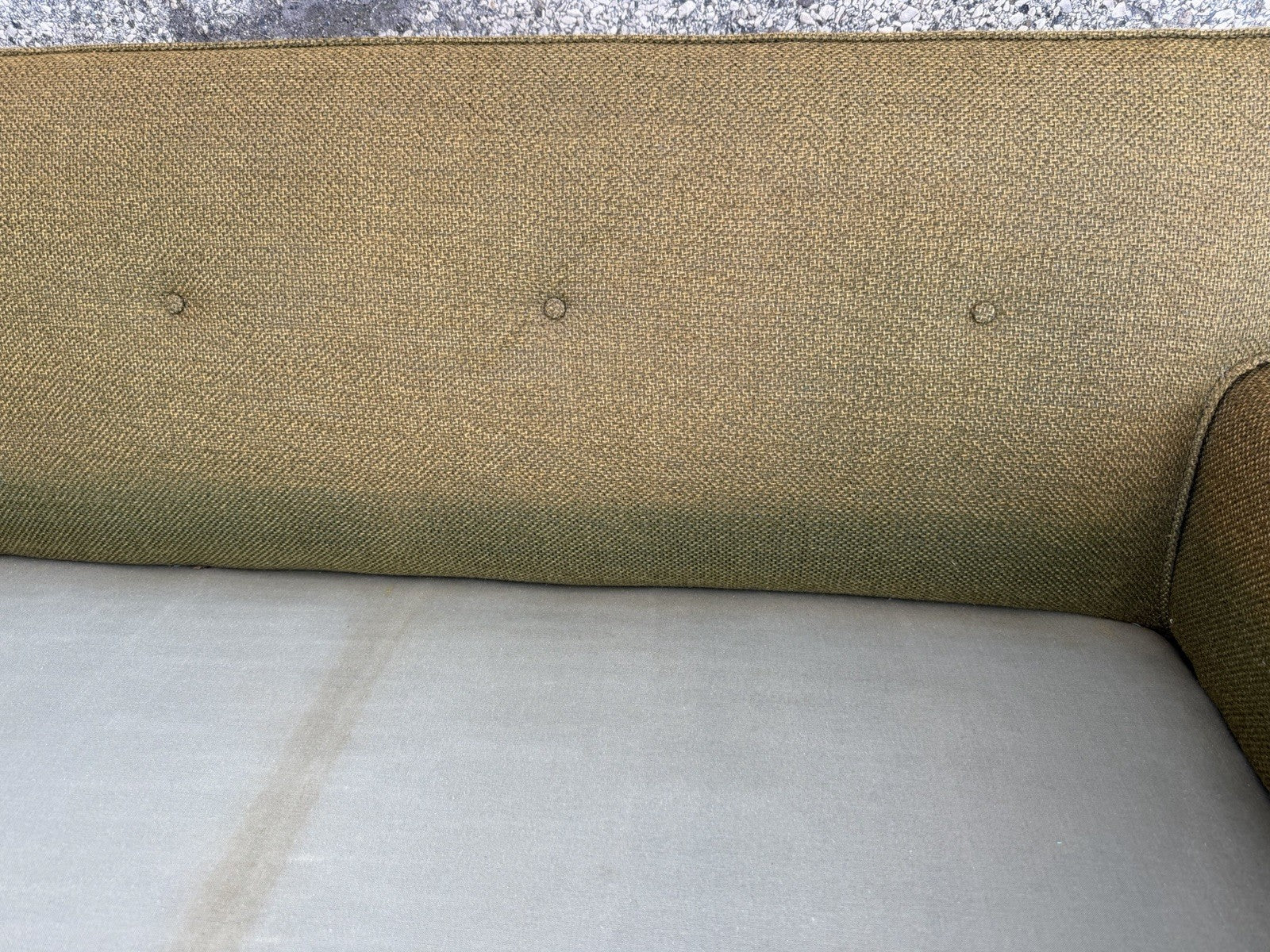 Vintage Mid Century Modern Greenish Brown Tufted 82" Sofa Couch w/ Walnut Legs