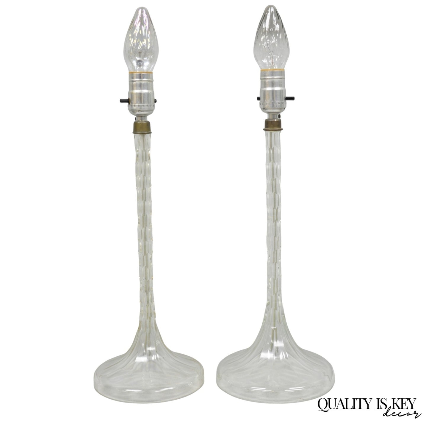 Antique Art Deco Diamond Cut Glass Column Small Petite Boudoir Table Lamps Pair