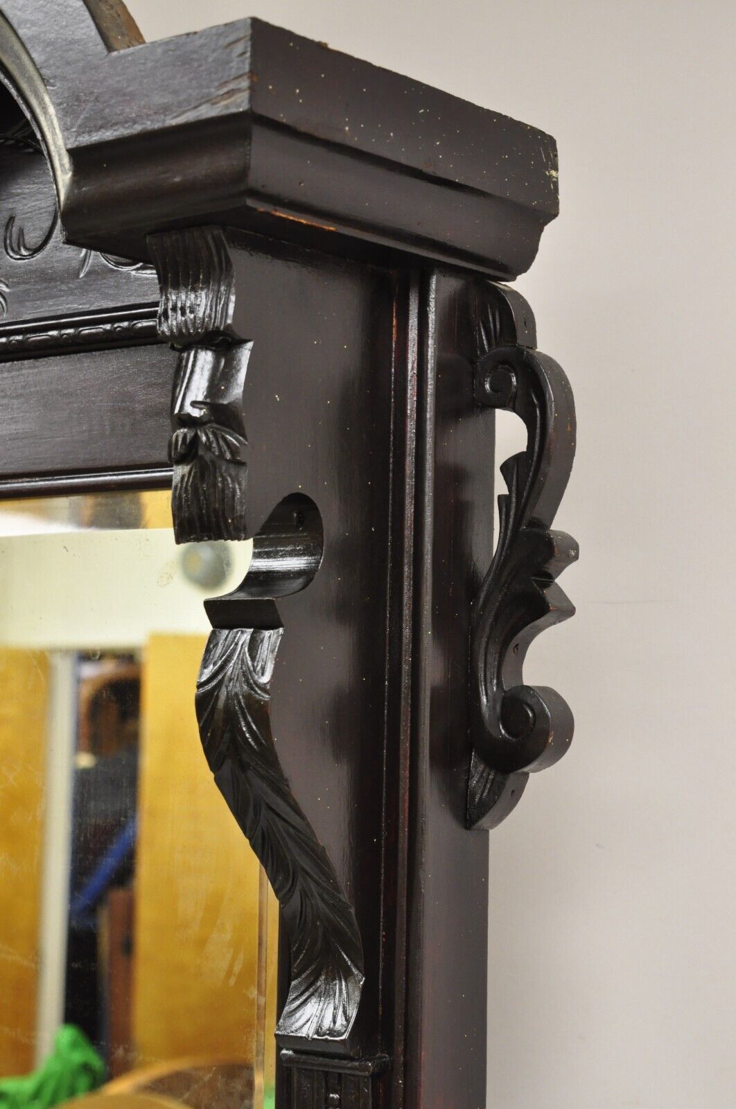Antique Victorian Carved Walnut Tall Hall Entryway Pier Mirror with Figures