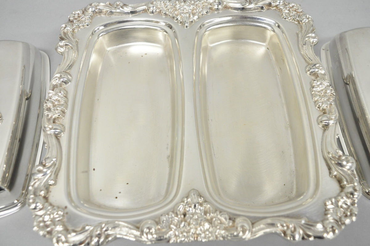 Vintage Poole Lancaster Rose Victorian Silver Plated Twin Double Butter Dish (B)