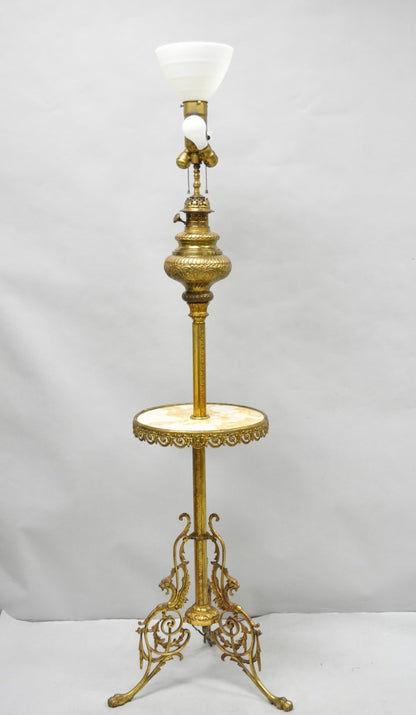 Victorian Bronze Griffin Figural Converted Oil Lamp Marble Side Table Floor Lamp