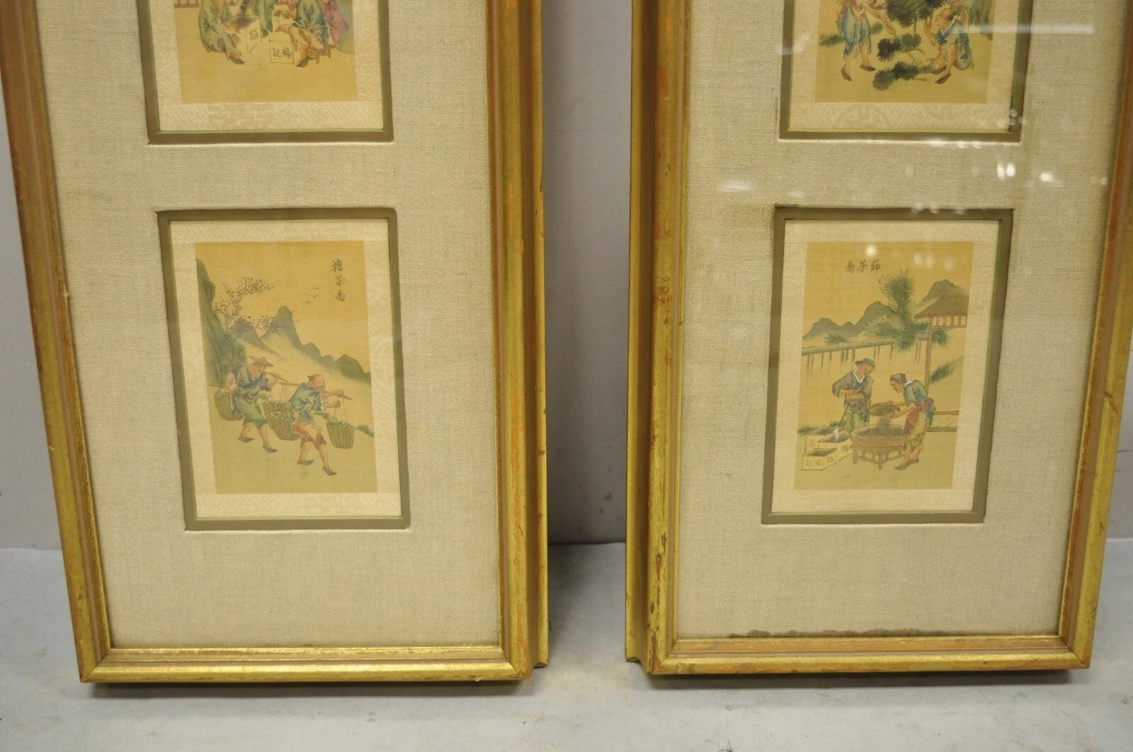 Vintage Asian Oriental Framed Art Prints with Narrow Gold Frames - a Pair