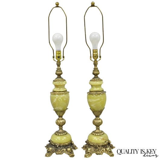 Vintage French Baroque Hollywood Regency Green Onyx Brass Table Lamps - a Pair