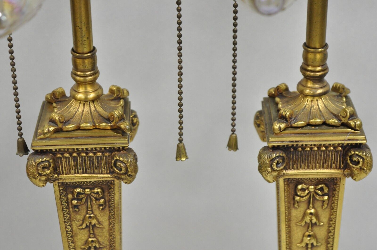 Antique French Empire Regency Rams Head Small Bronze Column Table Lamps - a Pair