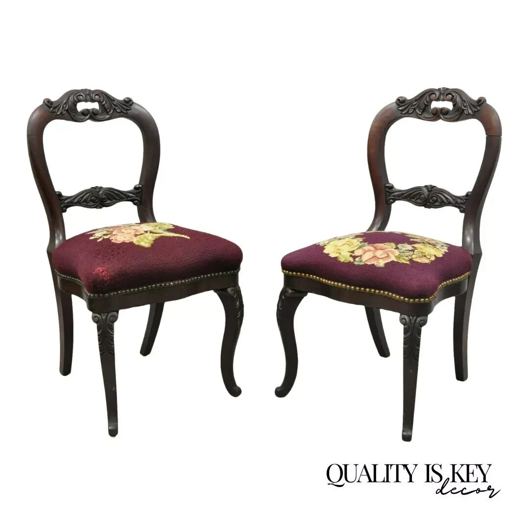 Antique Eastlake Victorian Carved Mahogany Needlepoint Parlor Side Chairs - Pair