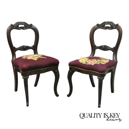 Antique Eastlake Victorian Carved Mahogany Needlepoint Parlor Side Chairs - Pair