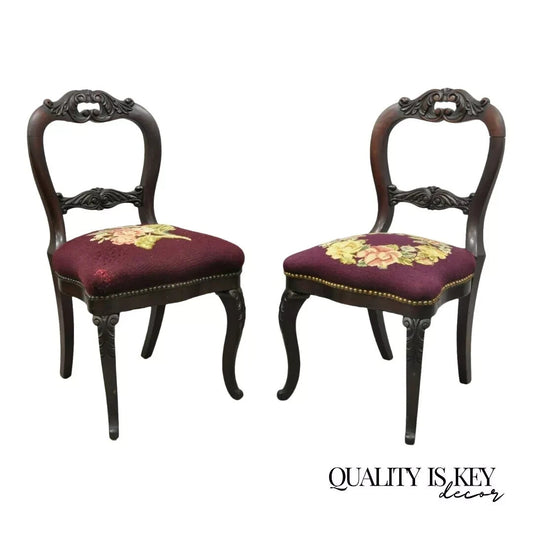 Antique Eastlake Victorian Carved Mahogany Needlepoint Parlor Side Chairs - Pair