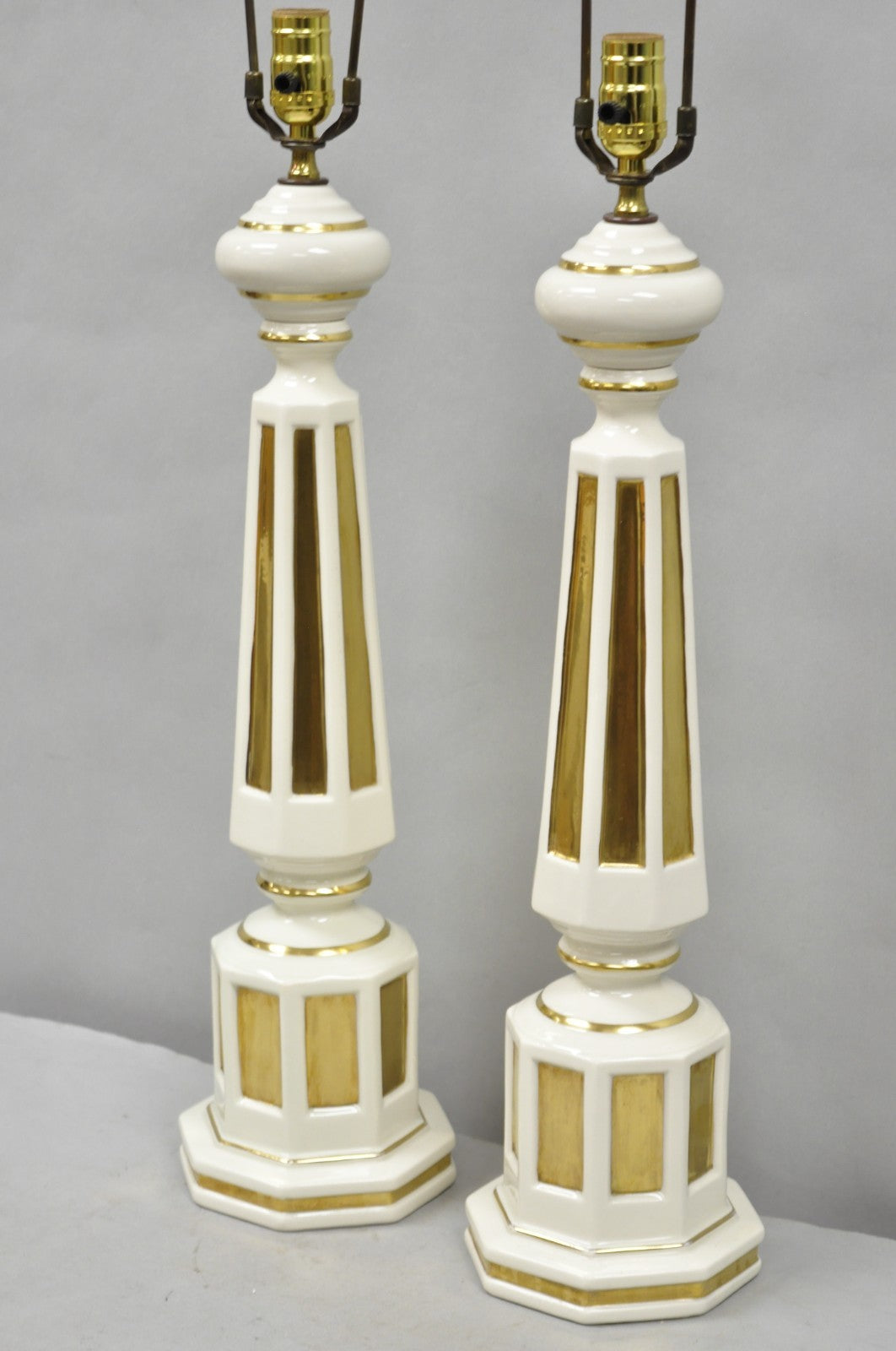 Vintage Italian Hollywood Regency Cream & Gold Porcelain Column Table Lamp, Pair