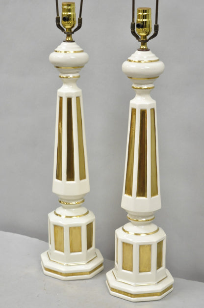 Vintage Italian Hollywood Regency Cream & Gold Porcelain Column Table Lamp, Pair