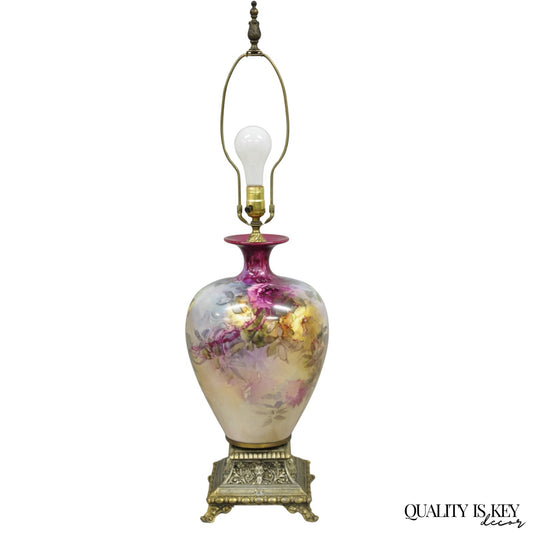 Antique French Paris Porcelain Hand Painted Flowers Bulbous Vase Table Lamp