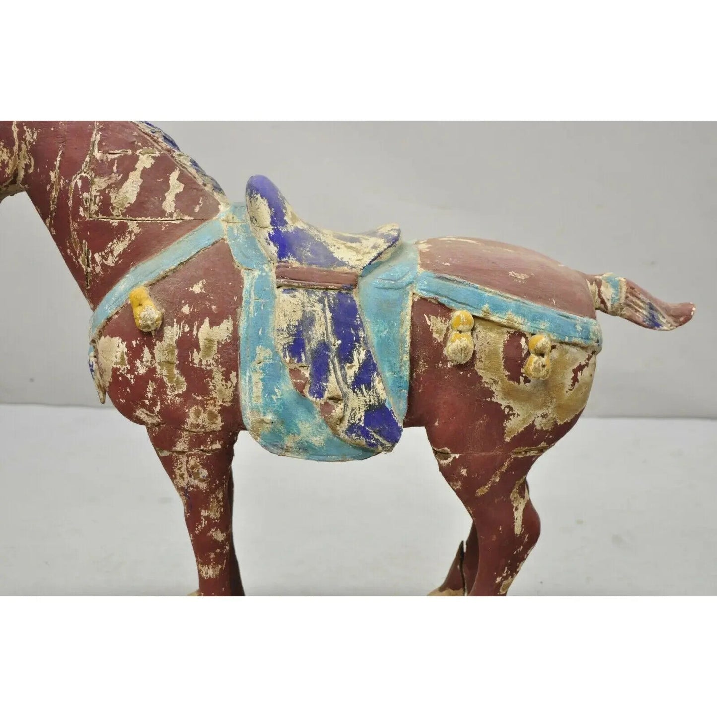 Chinese Polychrome Wooden Carved Wood 28" Tang Horse Sculpture Statue Red Blue