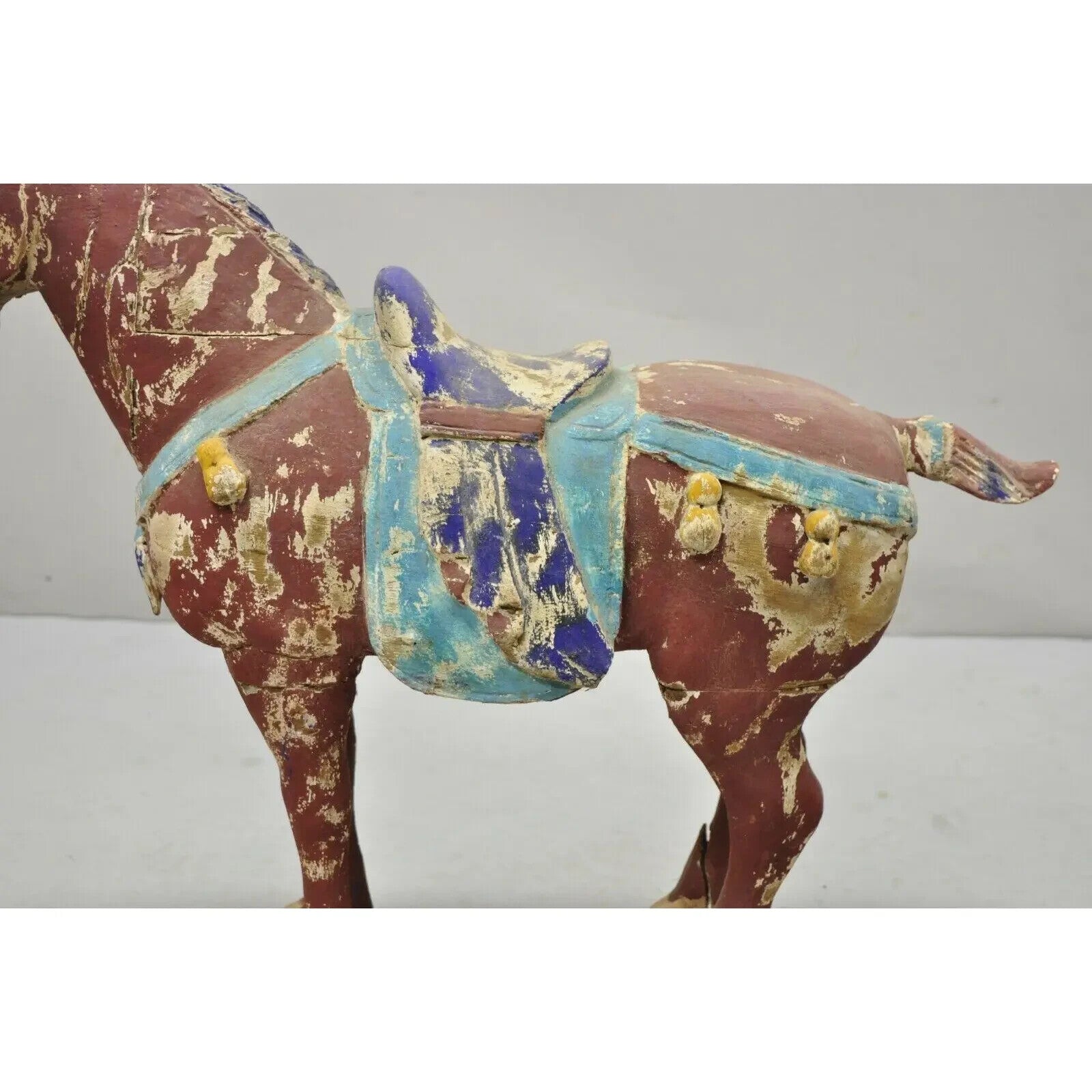Chinese Polychrome Wooden Carved Wood 28" Tang Horse Sculpture Statue Red Blue