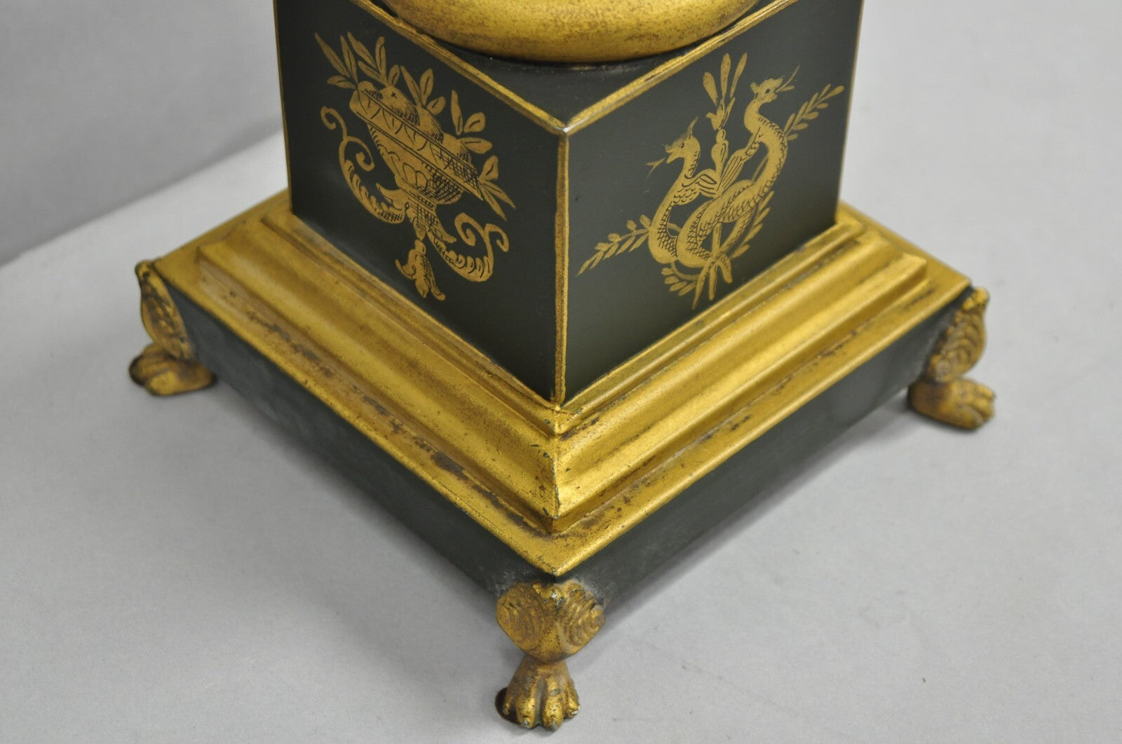 Vintage French Empire Green Tole Metal Gold Swan Painted Urn Table Lamp