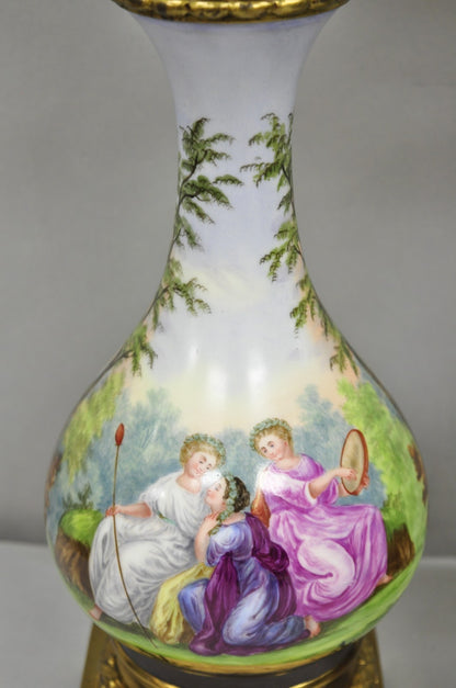 Antique French Napolean III Hand Painted Porcelain Oil Lamp Table Lamps - a Pair