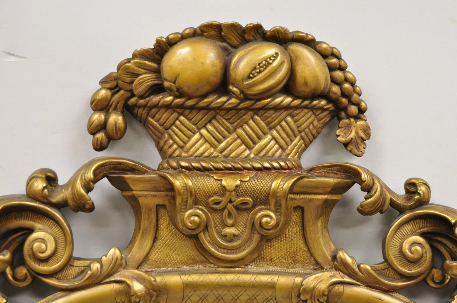 Antique French Rococo Gold Giltwood 65" Harvest Carved Fruit Basket Wall Mirror