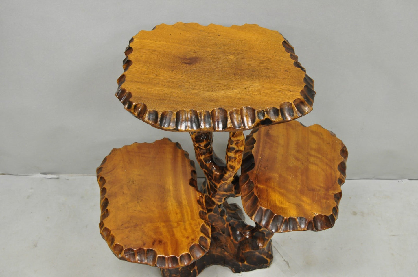 Vintage Mid Century Modern Live Edge 3 Tier Walnut Plant Stand Side Table