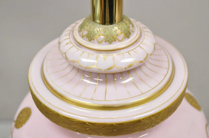 Antique French Louis XV Pink Porcelain Gold Painted Bulbous Table Lamps - a Pair