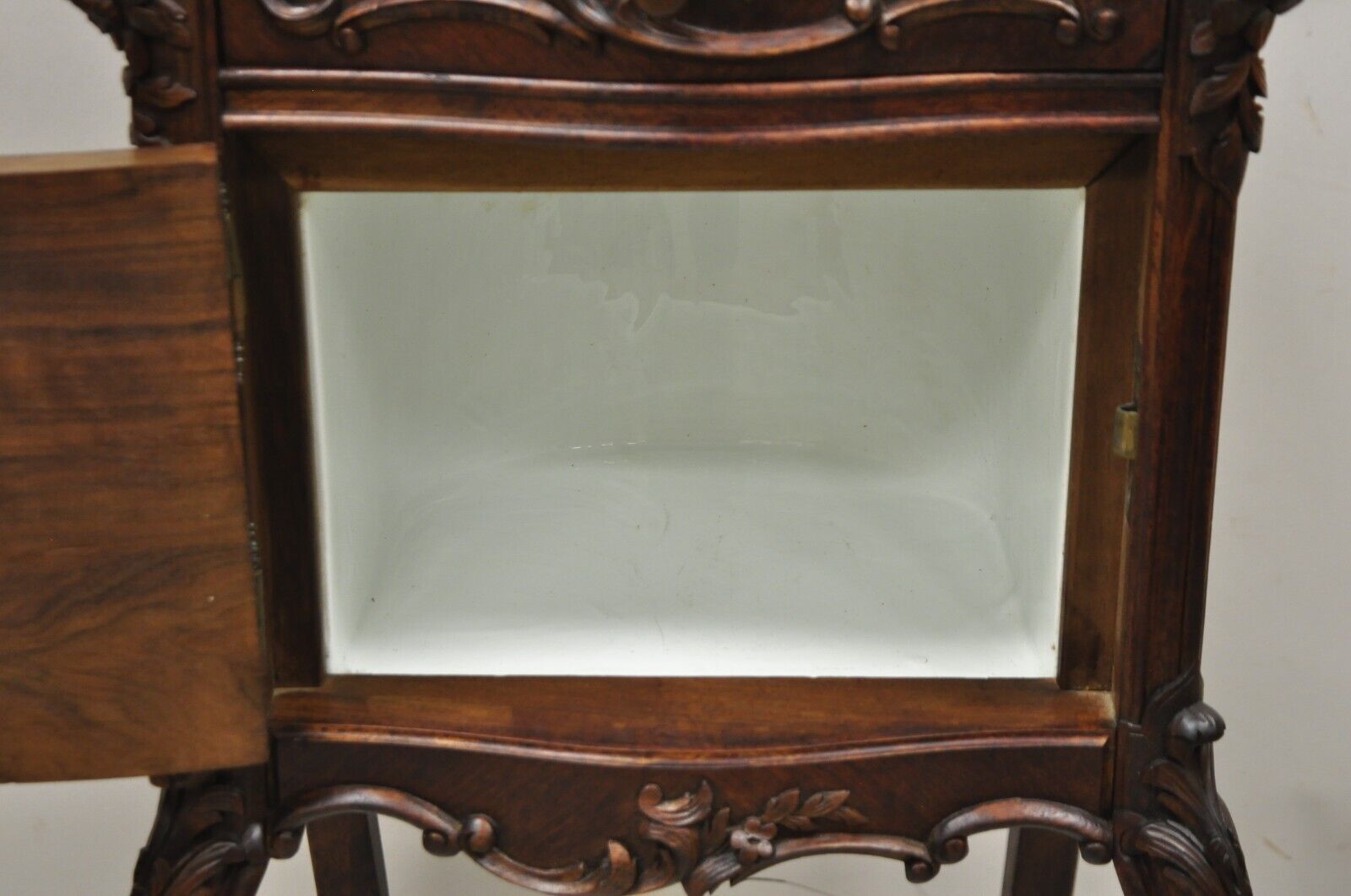 French Louis XV Style Carved Walnut Marble Top Porcelain Lined Nightstand