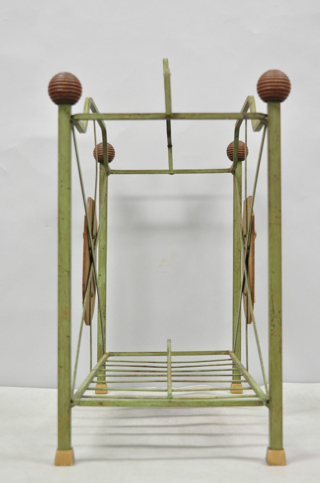 Vintage Italian Neoclassical Green Wrought Iron Book Magazine Rack w/ Shield