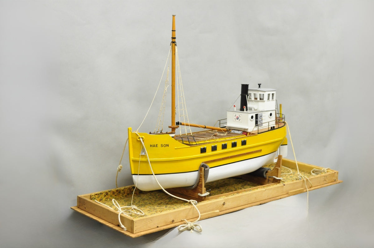 Large 48" Vintage Wooden Fishing Vessel Model Ship Yellow Hull South Korean Flag