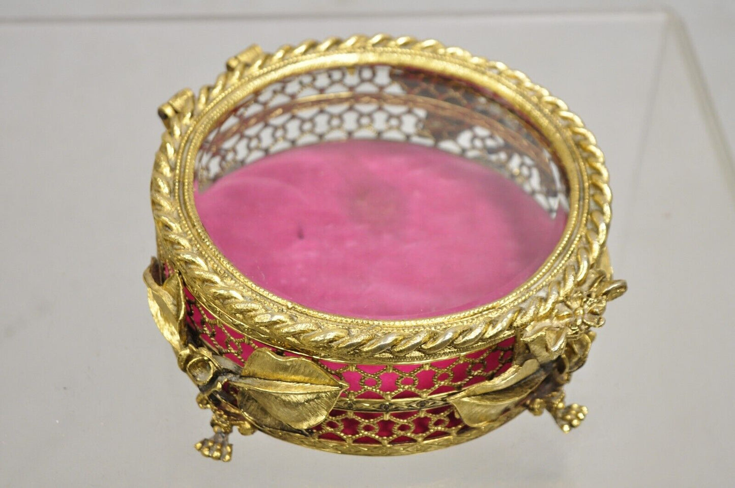 Vintage French Beveled Glass Gold Filigree Round Casket Jewelry Trinket Box