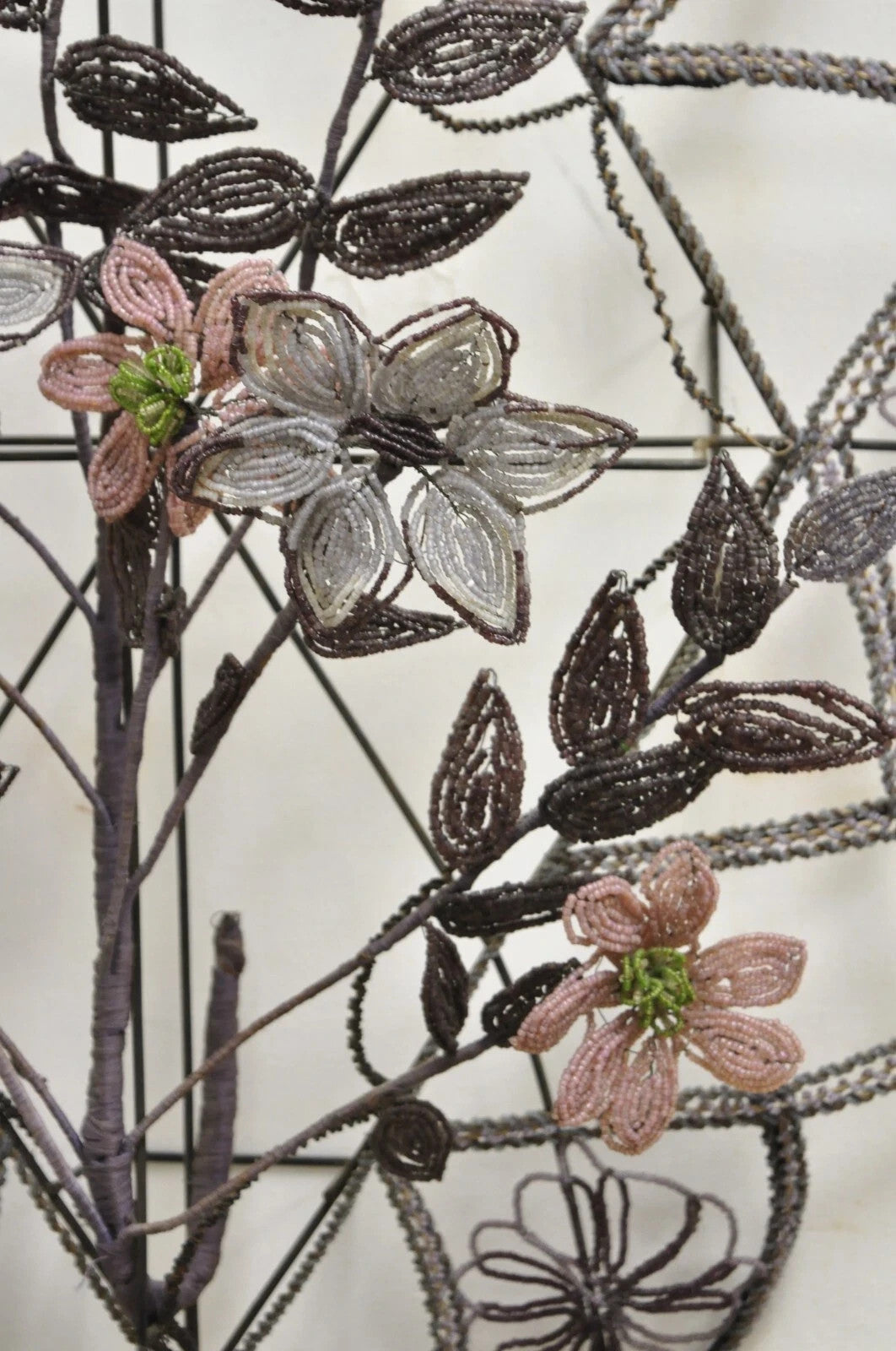 Antique French Victorian Purple Glass Beaded Memorial Wreath Wall Art Sculpture