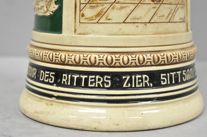 Antique German XL 20" Tall Figural Green Stoneware Beer Stein Tankard Mug w/ Lid