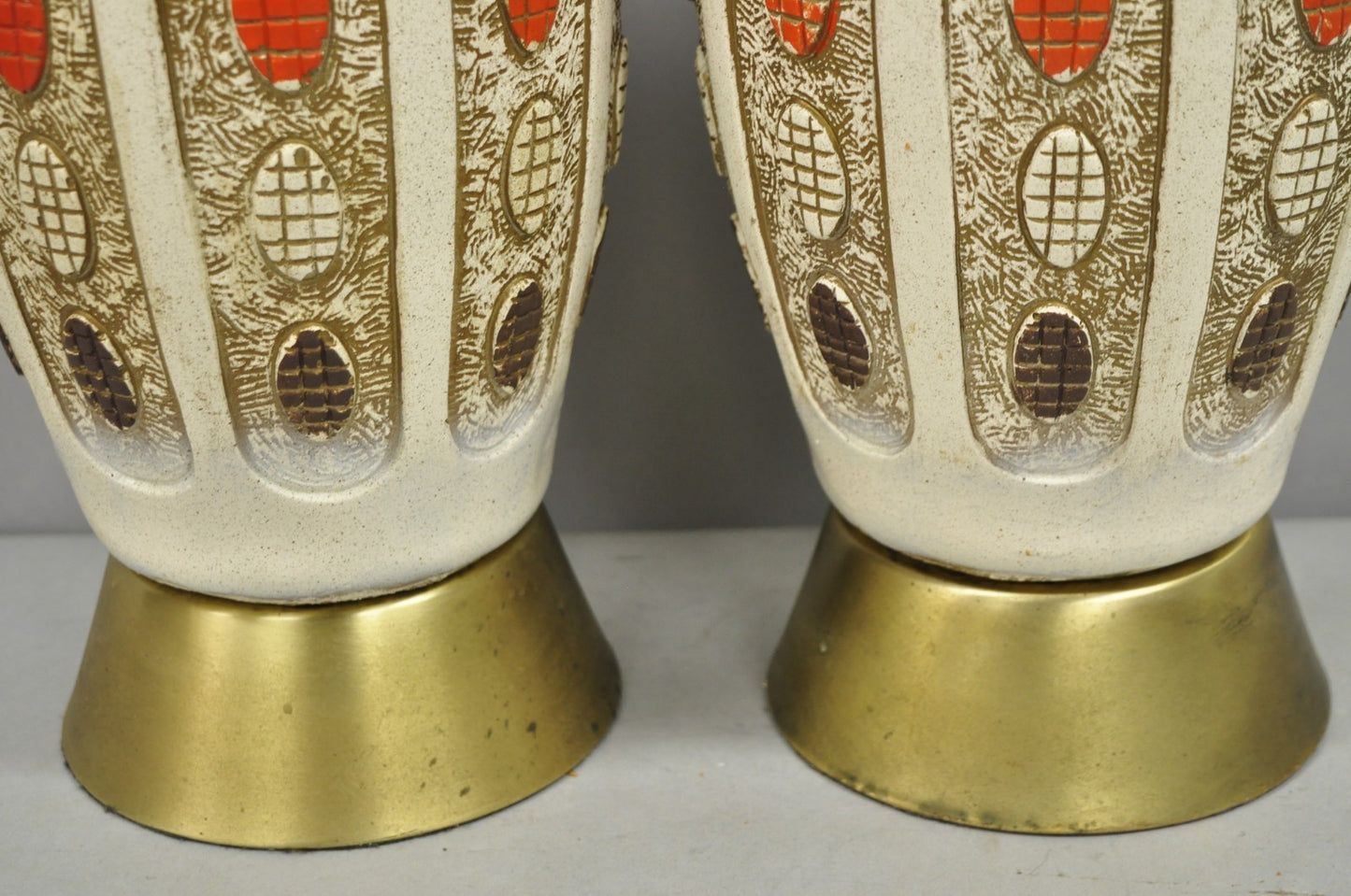 Vintage Mid Century Modern Ceramic Pottery Sculpted Teak Wood Table Lamps - Pair