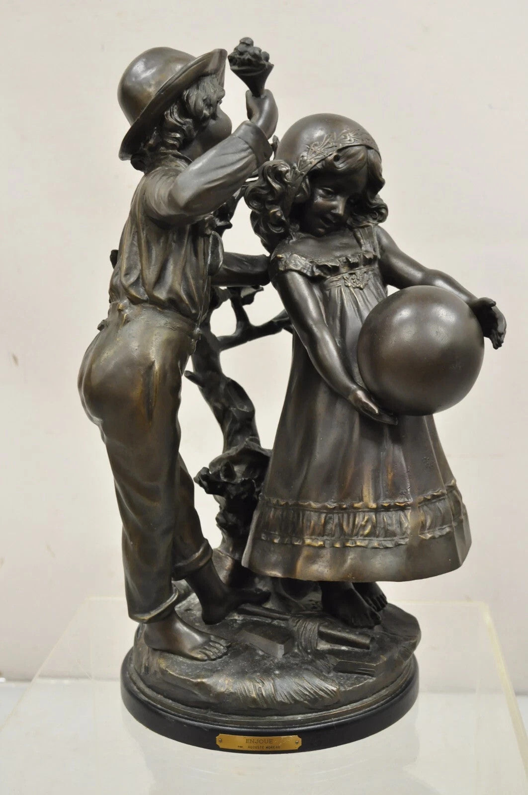 "Enjoue" after Auguste Moreau Victorian Bronze Boy and Girl Statue Sculpture