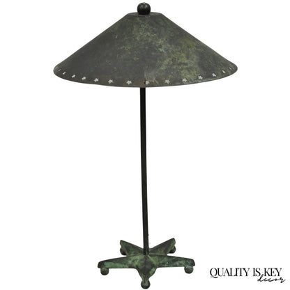 Brutalist Mid Century Modern Verdigris Green Bronze Star Cutout Small Table Lamp