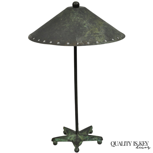 Brutalist Mid Century Modern Verdigris Green Bronze Star Cutout Small Table Lamp