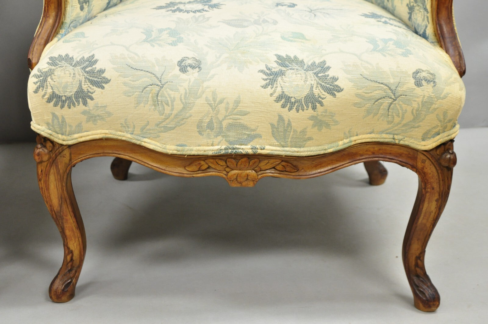 Antique French Country Provincial Carved Walnut Wingback Lounge Chairs Pair