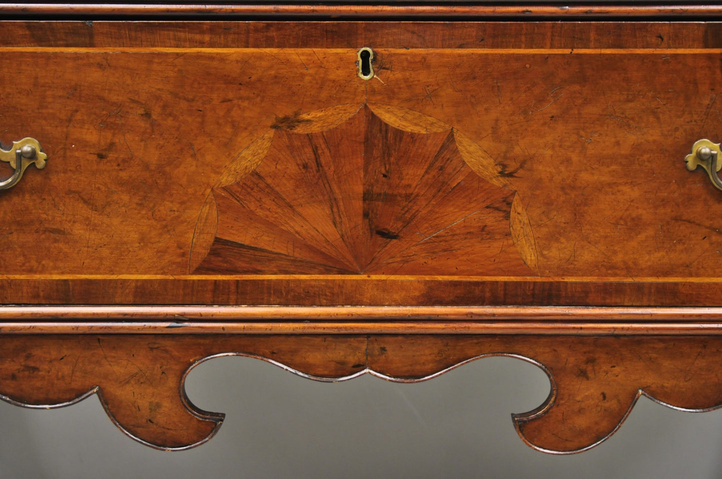 Antique English Georgian Burl Walnut Ball and Claw Inlaid Lowboy Bachelor Chest