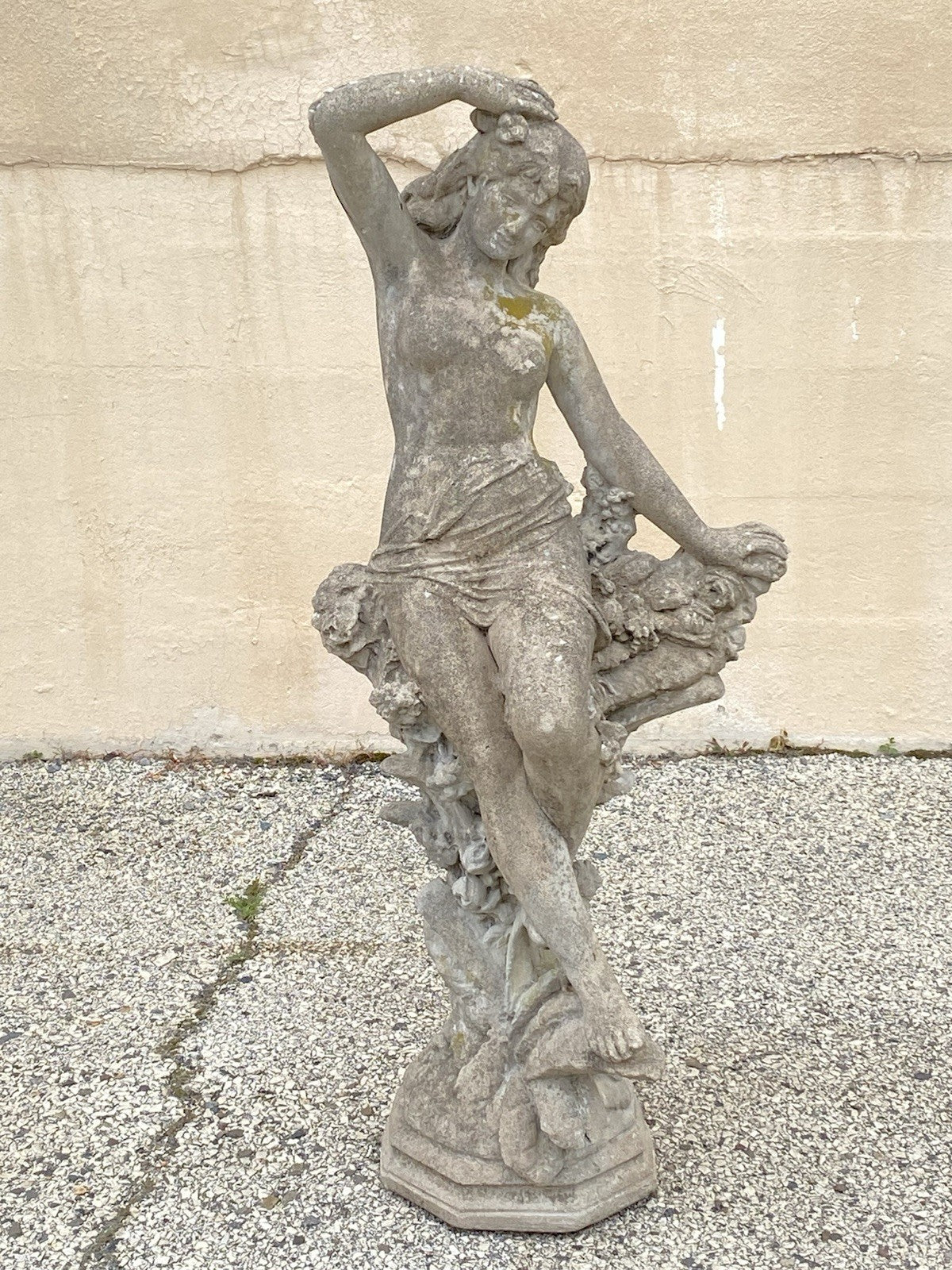 Vintage French Hollywood Regency 46" Cement Garden Nude Goddess Sculpture Statue