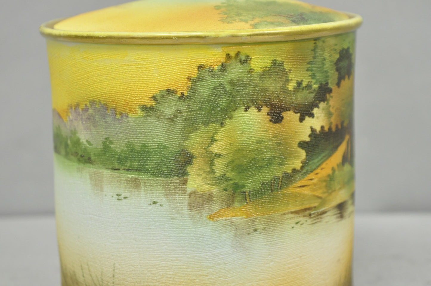 Antique Nippon Hand Painted Coralene Porcelain Lake Duck Scene Biscuit Jar