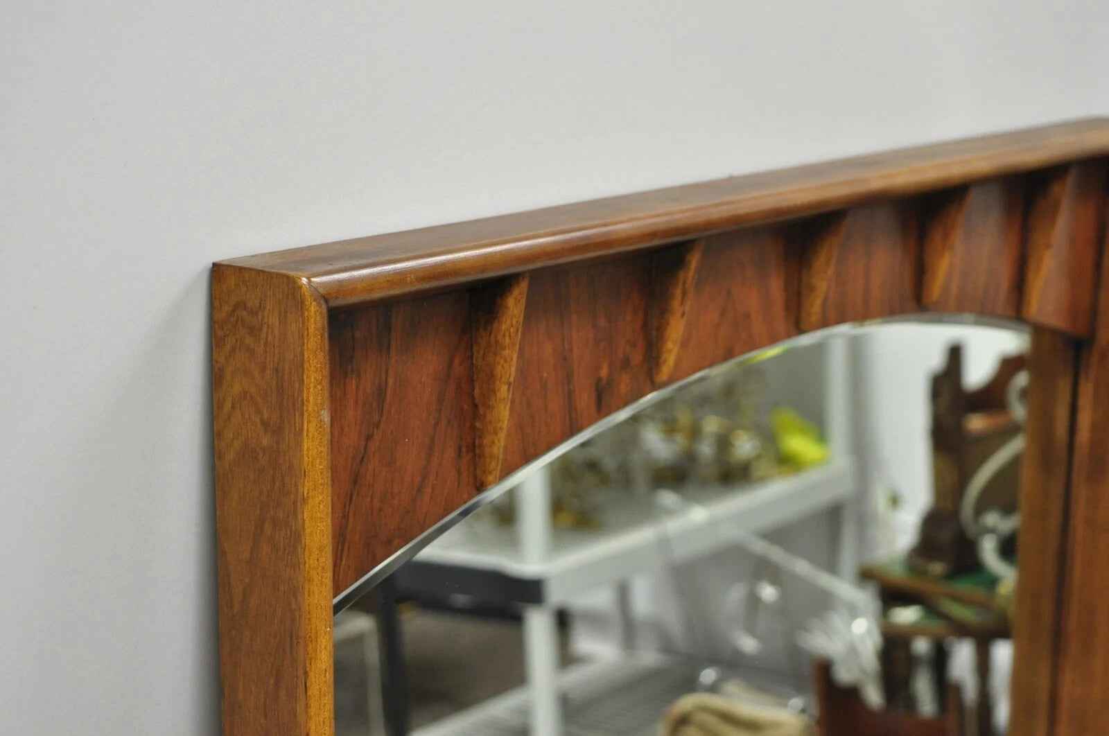 Vintage Mid Century Modern Sculpted Walnut & Rosewood Beveled Glass Wall Mirror