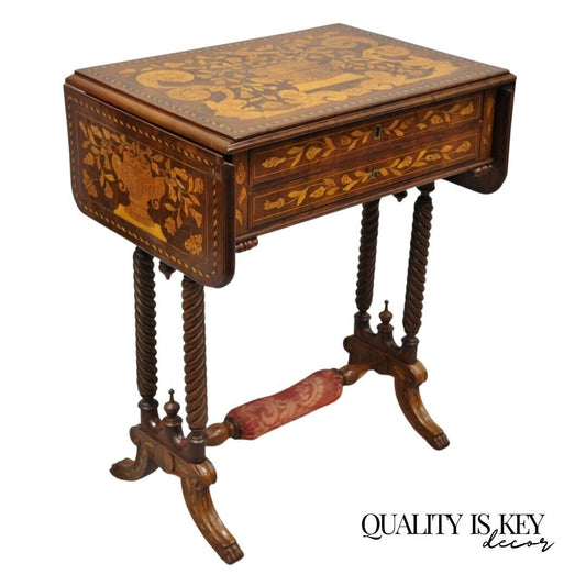 19th C. Dutch Marquetry Inlaid Regency Style Drop Leaf Sewing Stand Work Table 