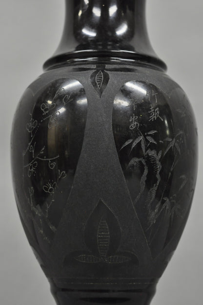 Vintage Carved Black Marble Small Oriental Urn Chinese Chinoiserie Table Lamp