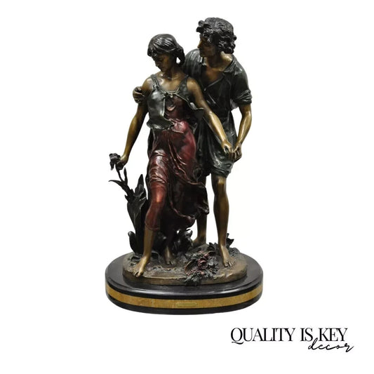 Auguste Moreau Bronze & Marble Male & Female 28" Lovers Sculpture Statue