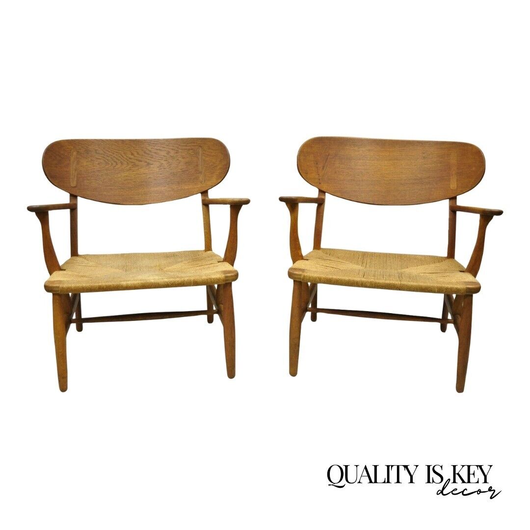 Vintage Hans Wegner CH22 Carl Hansen & Son Oak Lounge Easy Chairs MCM - a Pair