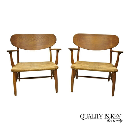 Vintage Hans Wegner CH22 Carl Hansen & Son Oak Lounge Easy Chairs MCM - a Pair