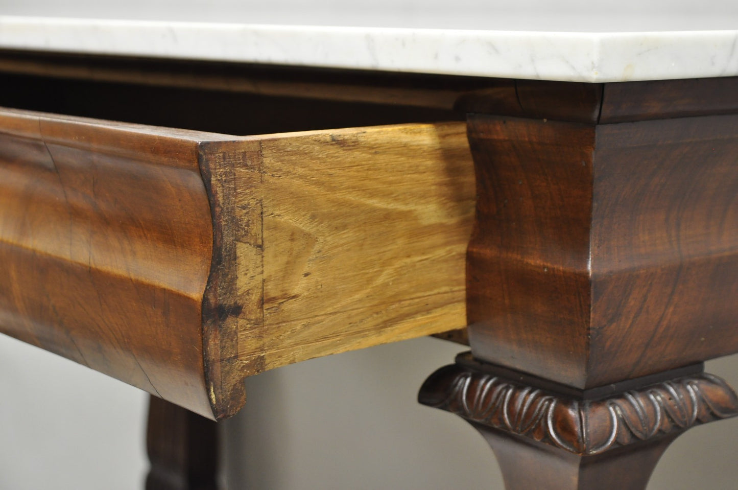 Antique French Empire Mahogany White Marble Top Console Hall Table w/ Drawer