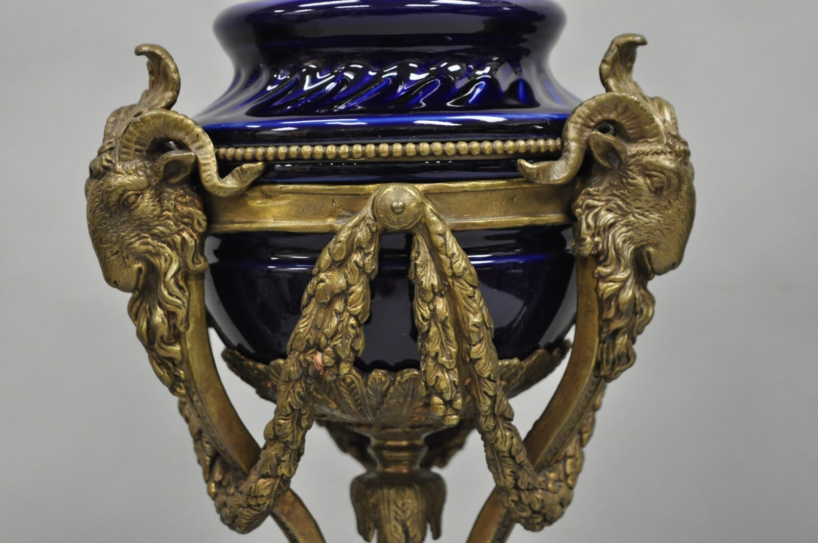 French Empire Neoclassical Bronze Ram Head Cobalt Blue Porcelain Table Lamp Pair