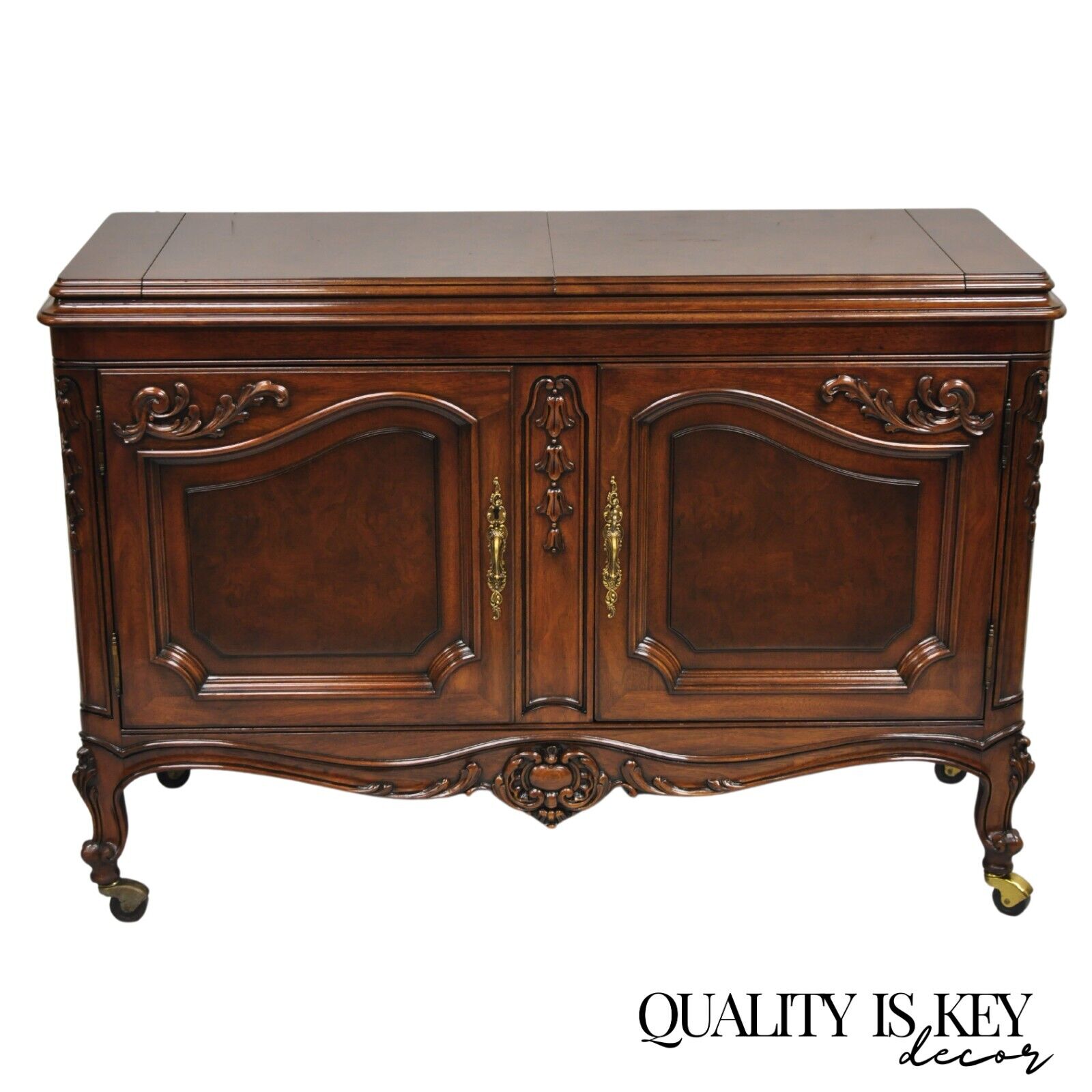 Karges French Louis XV Style Carved Mahogany Wood Dry Bar Rolling Buffet Cabinet