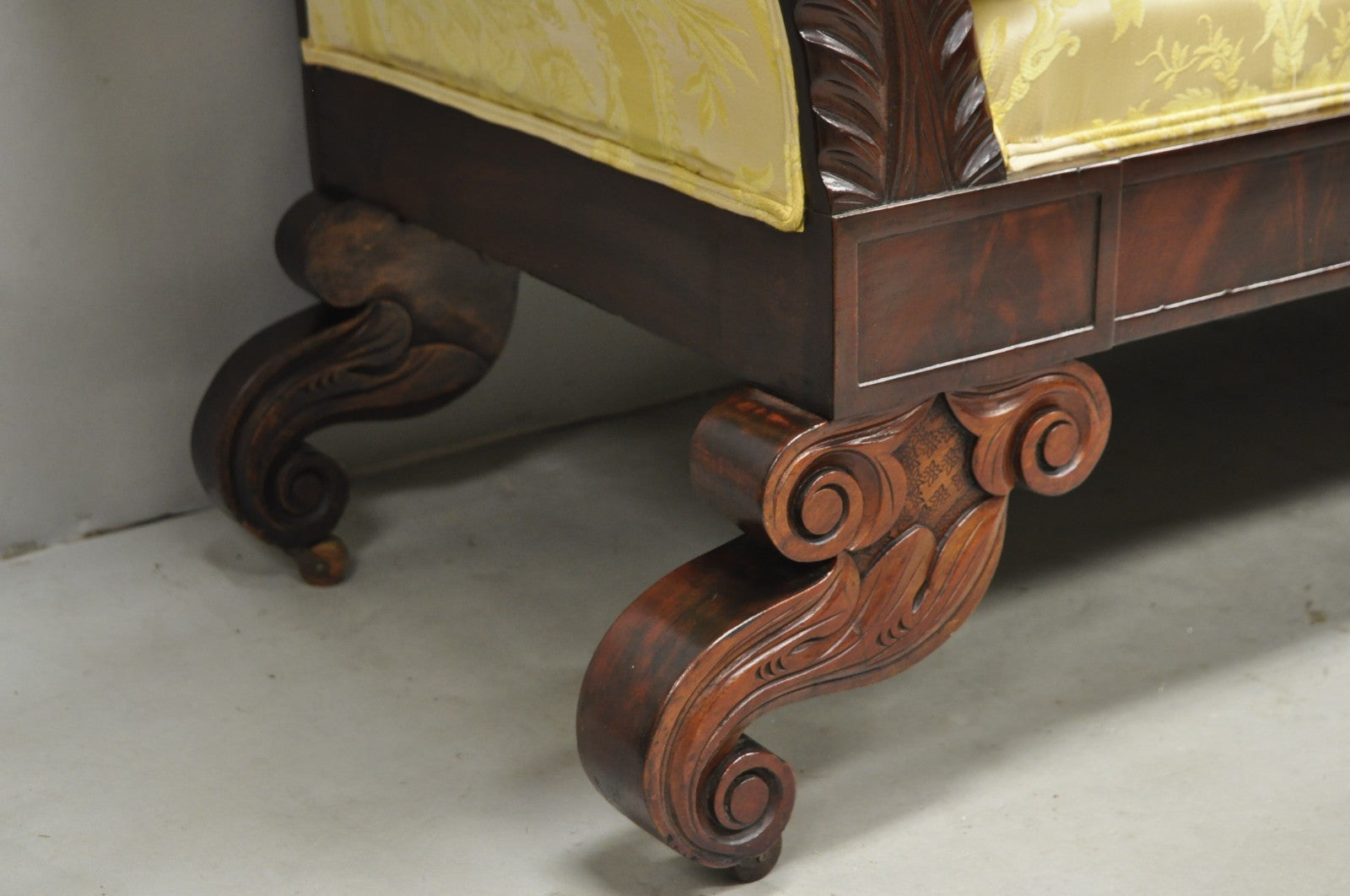 Antique American Empire Neoclassical Carved Mahogany Sofa with Gold Fabric