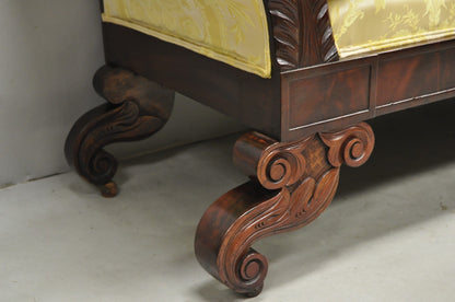 Antique American Empire Neoclassical Carved Mahogany Sofa with Gold Fabric