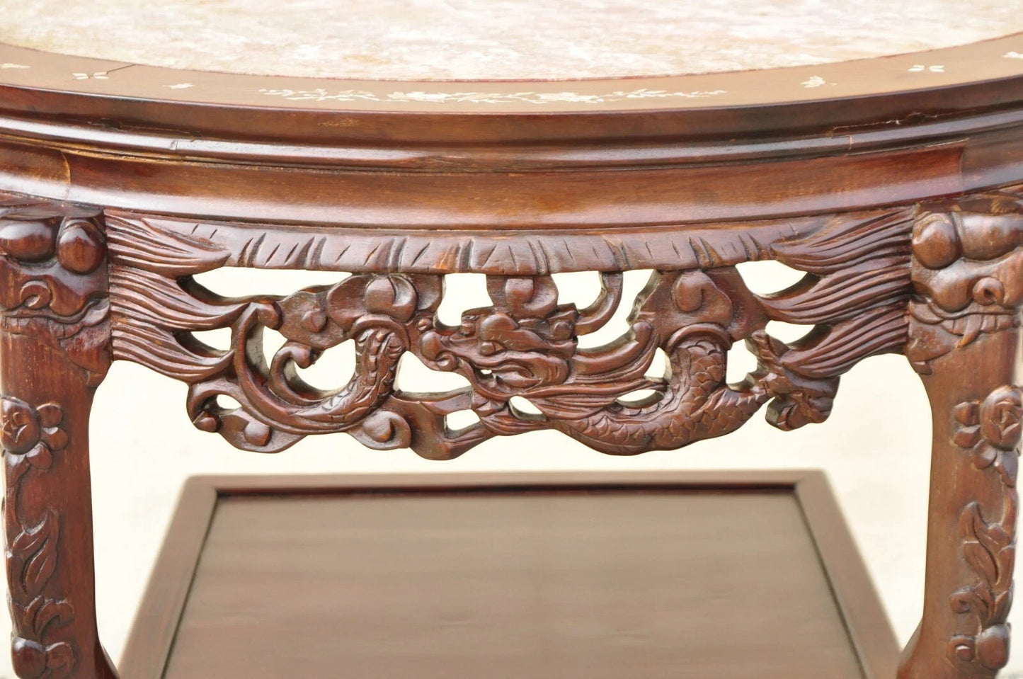 Vintage Oriental Chinese Carved Hardwood Demilune Marble Top Console Hall Table