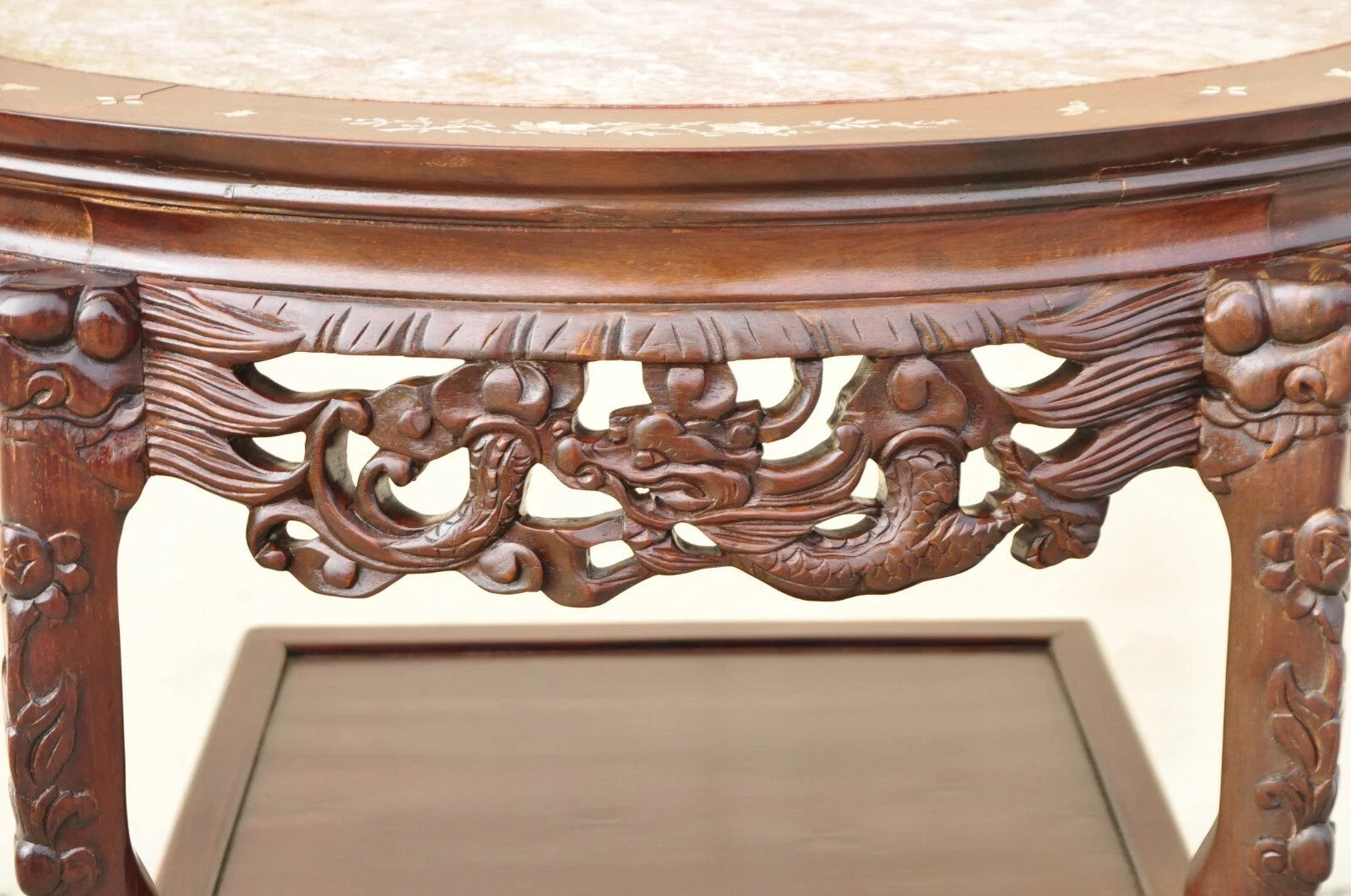 Vintage Oriental Chinese Carved Hardwood Demilune Marble Top Console Hall Table