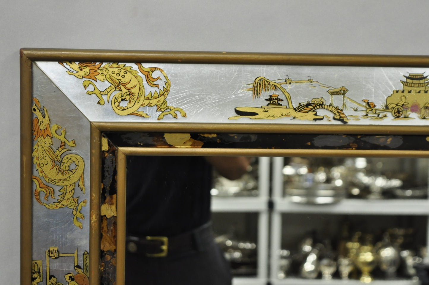 Vintage Chinoiserie Figural Eglomise Reverse Painted Oriental Wall Mirror