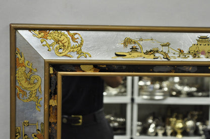 Vintage Chinoiserie Figural Eglomise Reverse Painted Oriental Wall Mirror